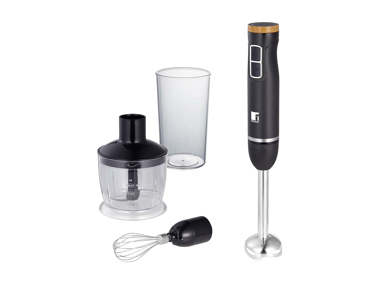 Mixeur plongeant OLIVAR 1000 W à 2 vitesses avec hachoir 600 ml, tige de mélange, tasse à mesurer Bergner 600 ml