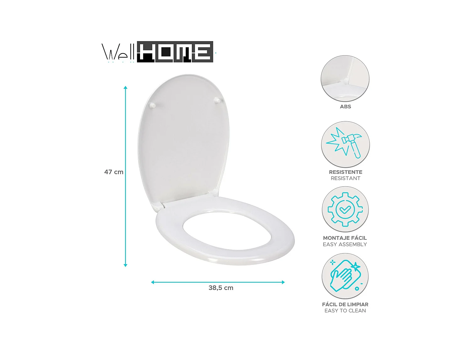 Siège de salle de bain Well Home Duroplast 38x5,5x47cm avec couvercle en ABS chromé et charnières avec système SOFTCLOSE