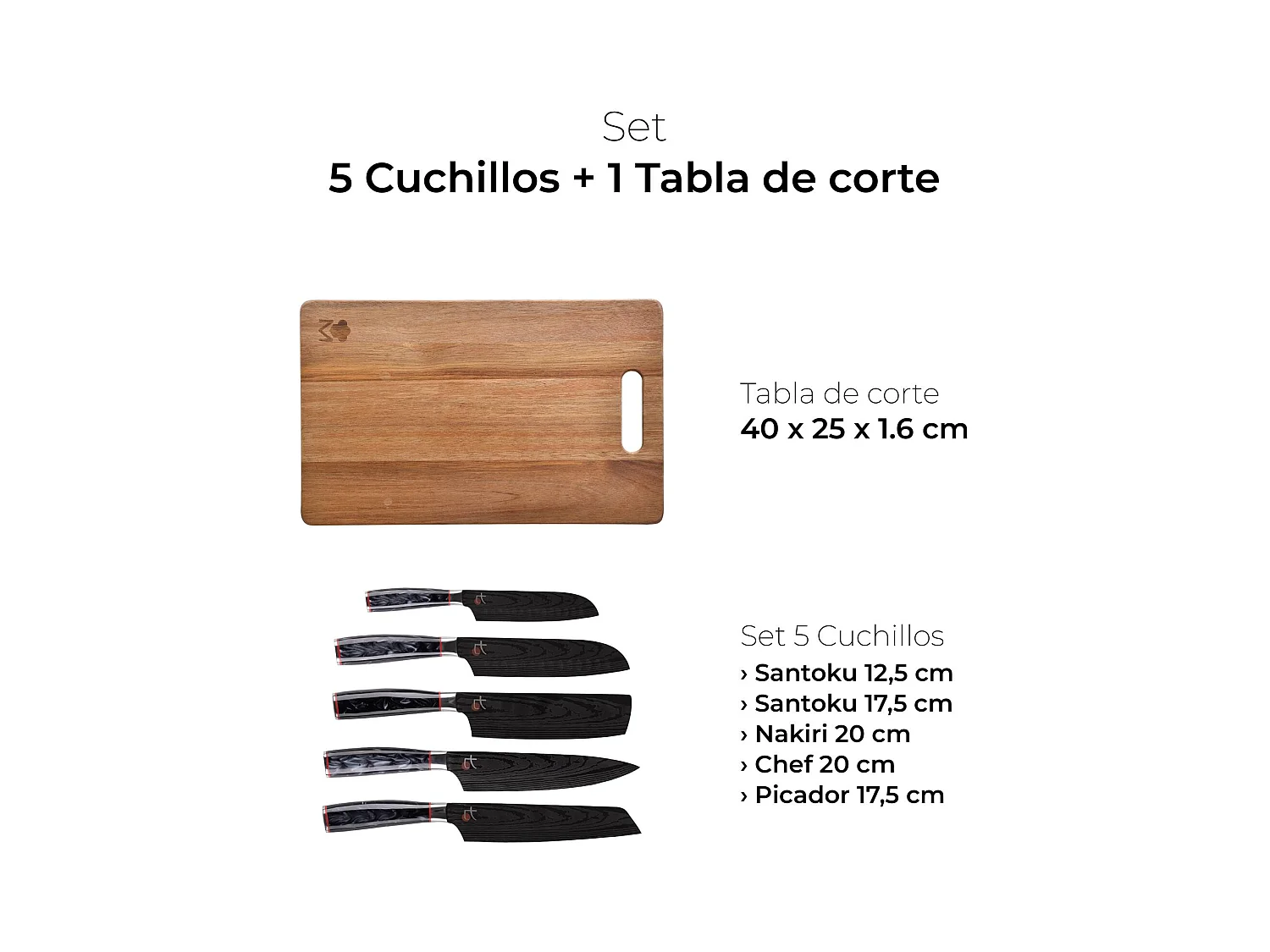Set de 5 couteaux japonais TETSU et planche à découper 40x25x1,6cm MasterPRO