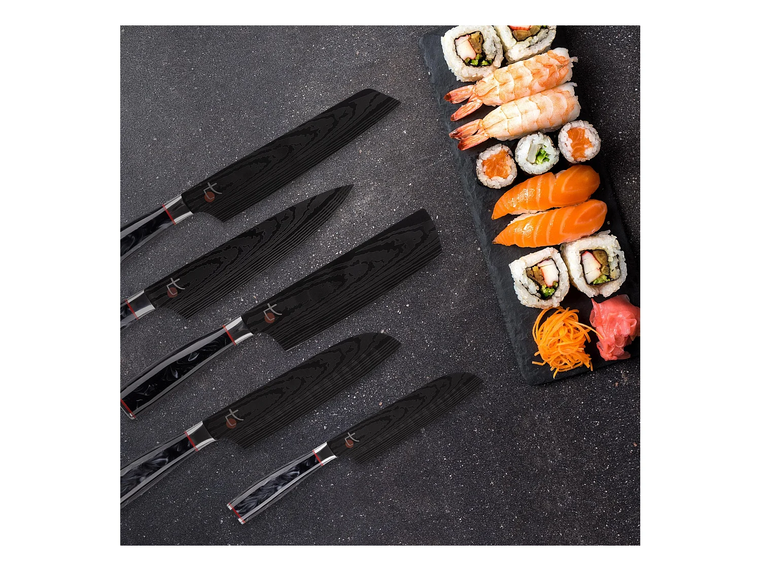 Set de 5 couteaux japonais TETSU et planche à découper 40x25x1,6cm MasterPRO