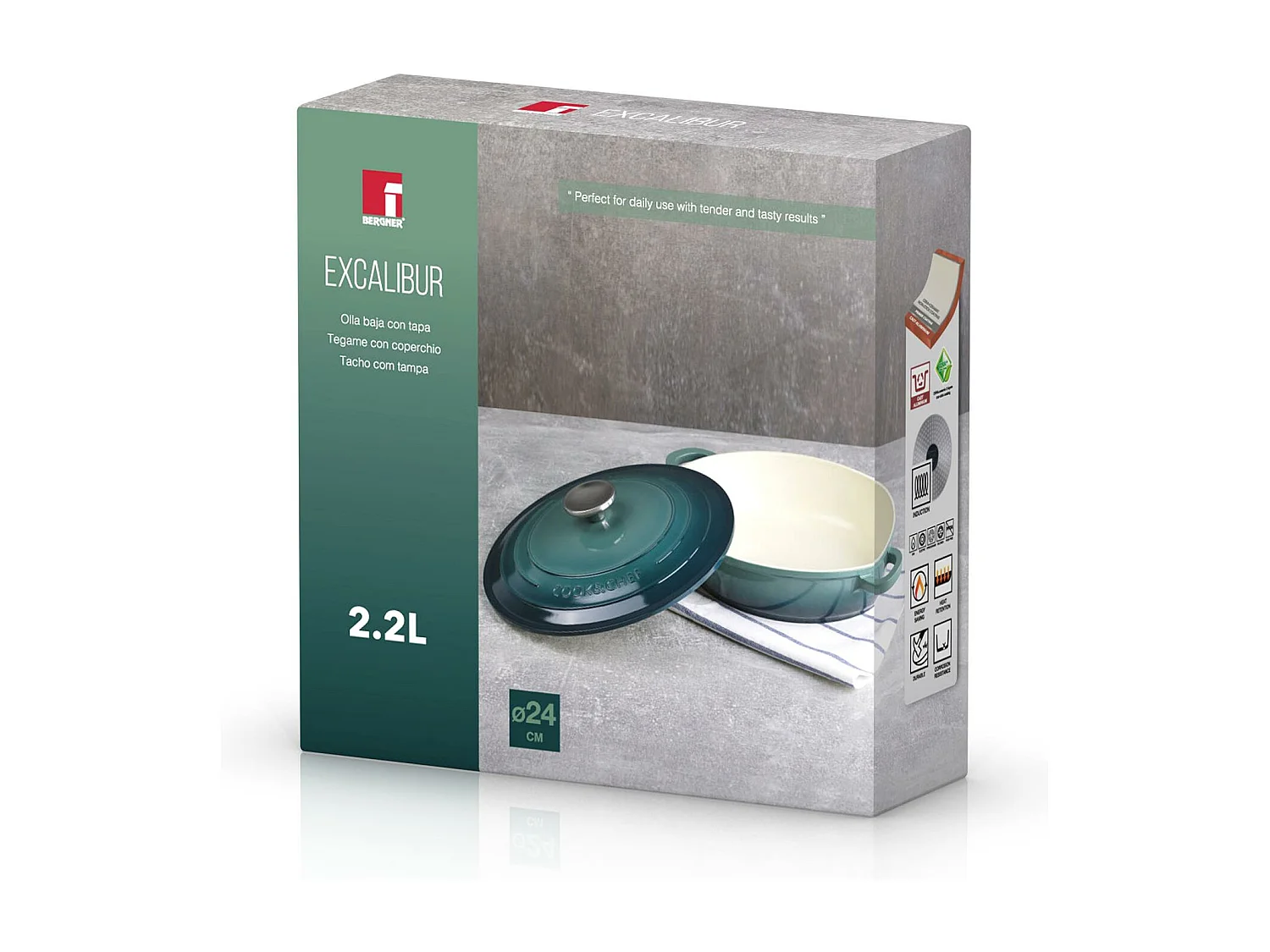 Marmite basse Ø24x6,5cm en fonte d'aluminium EXCALIBUR avec couvercle Bergner