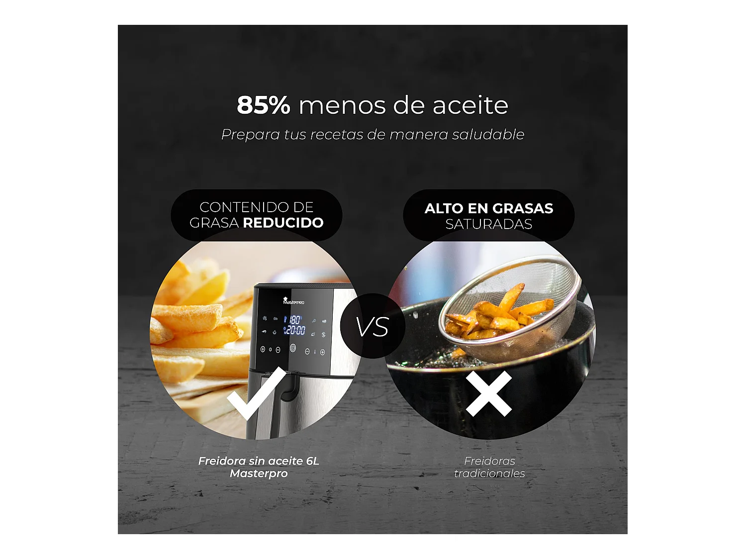 Friteuse à air sans huile d'une capacité de 6 L et d'une puissance de 1800 W avec écran tactile LED avec 8 fonctions MasterPRO différentes