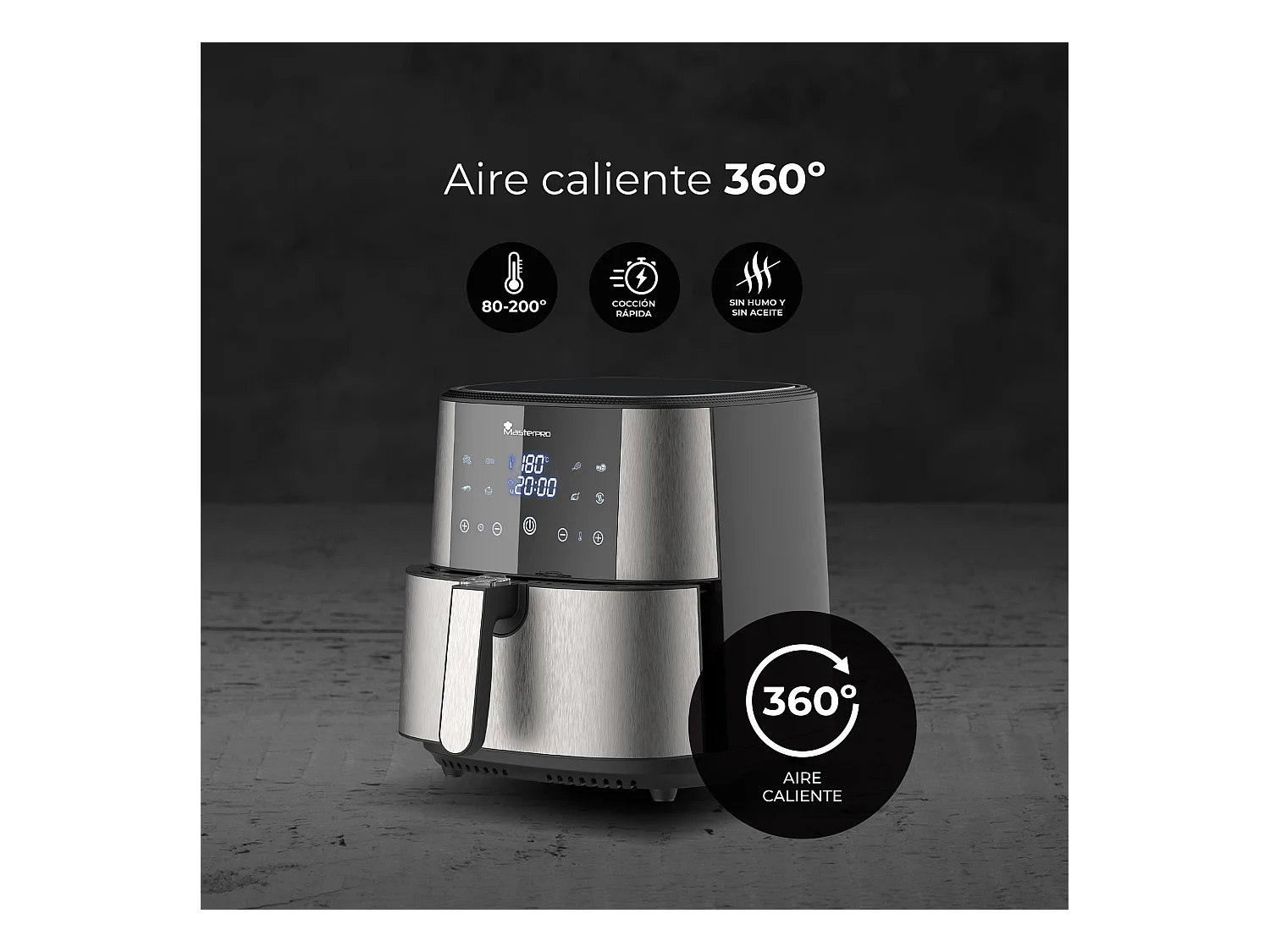 Friteuse à air sans huile d'une capacité de 6 L et d'une puissance de 1800 W avec écran tactile LED avec 8 fonctions MasterPRO différentes