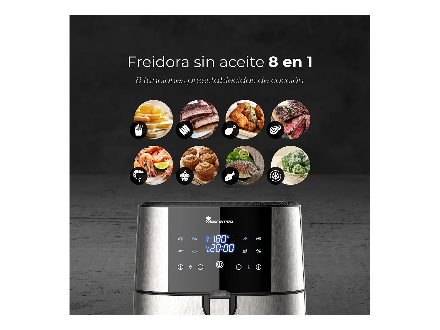 Friteuse à air sans huile d'une capacité de 6 L et d'une puissance de 1800 W avec écran tactile LED avec 8 fonctions MasterPRO différentes