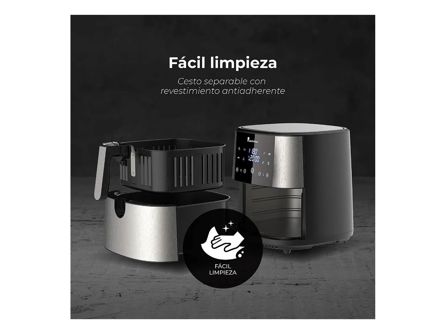 Friteuse à air sans huile d'une capacité de 6 L et d'une puissance de 1800 W avec écran tactile LED avec 8 fonctions MasterPRO différentes