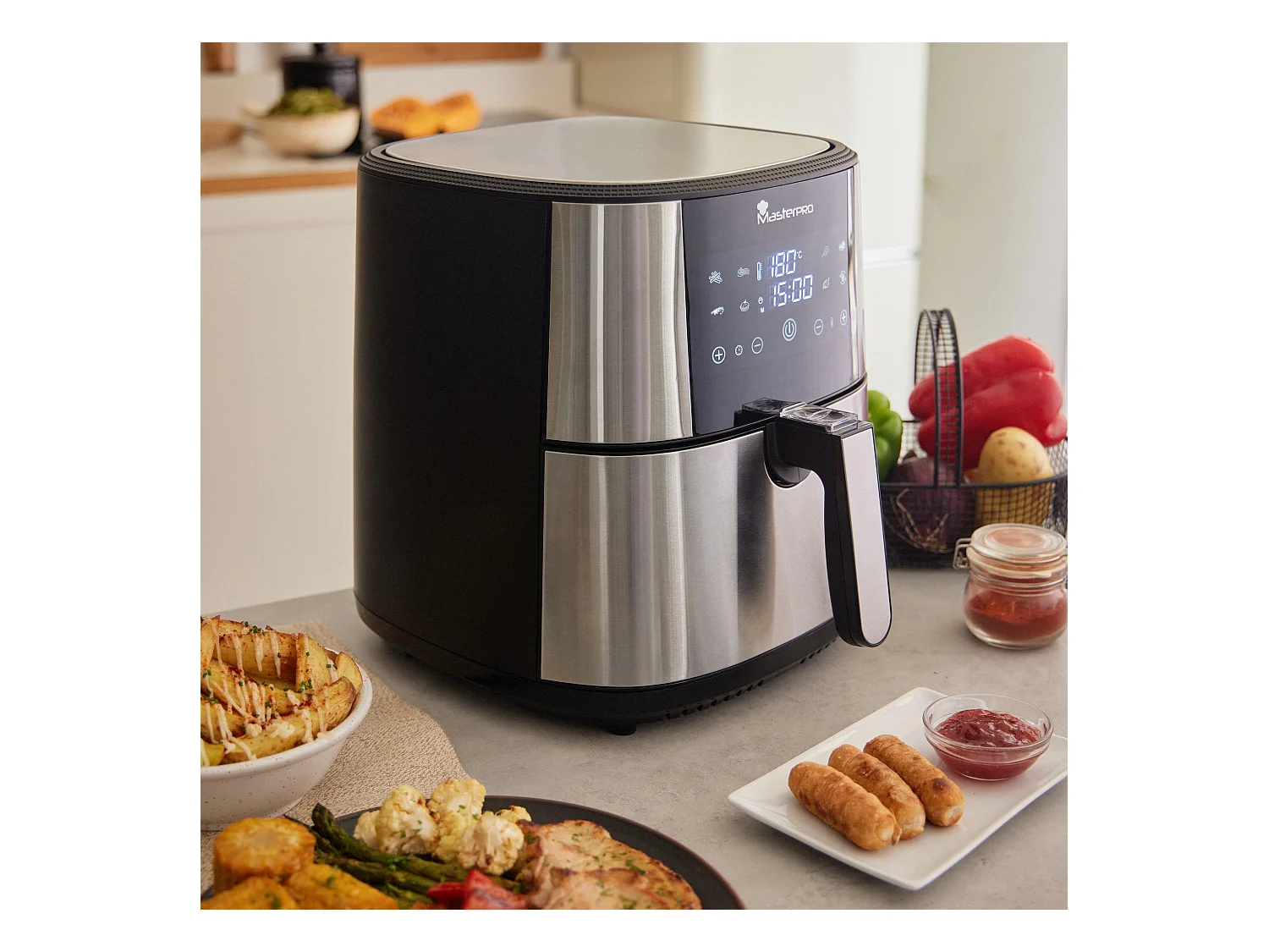 Friteuse à air sans huile d'une capacité de 6 L et d'une puissance de 1800 W avec écran tactile LED avec 8 fonctions MasterPRO différentes