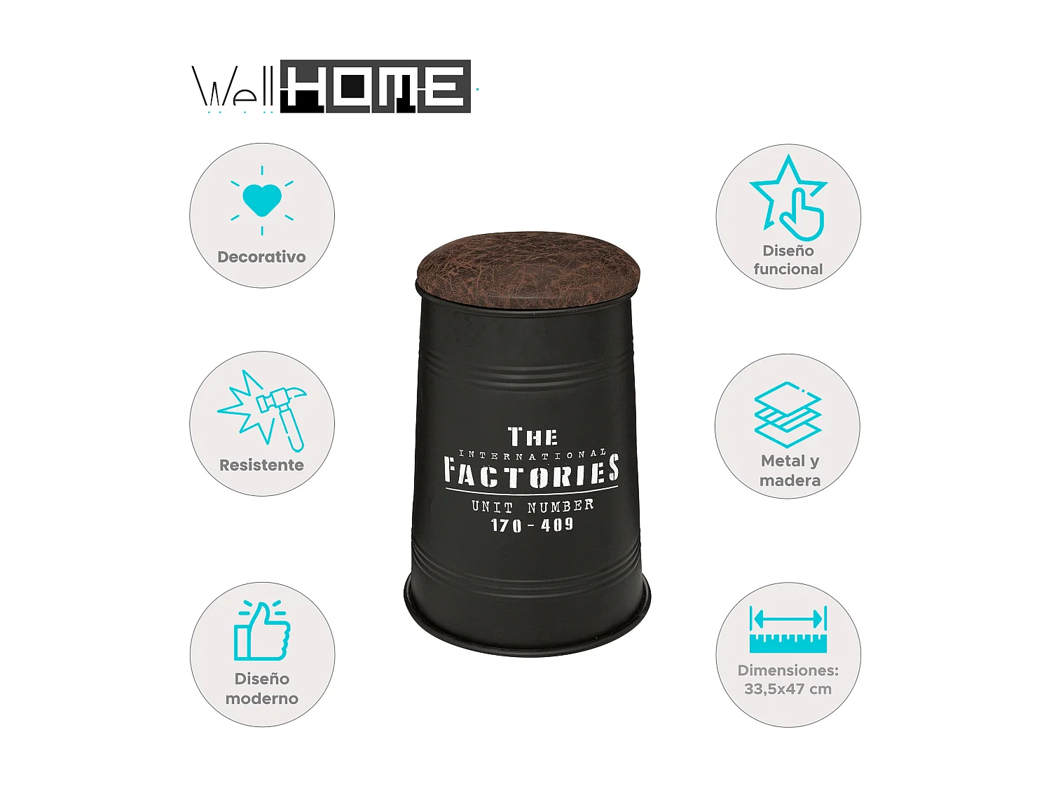 WELL HOME - Pouf canister "Joao", métal et bois, noir