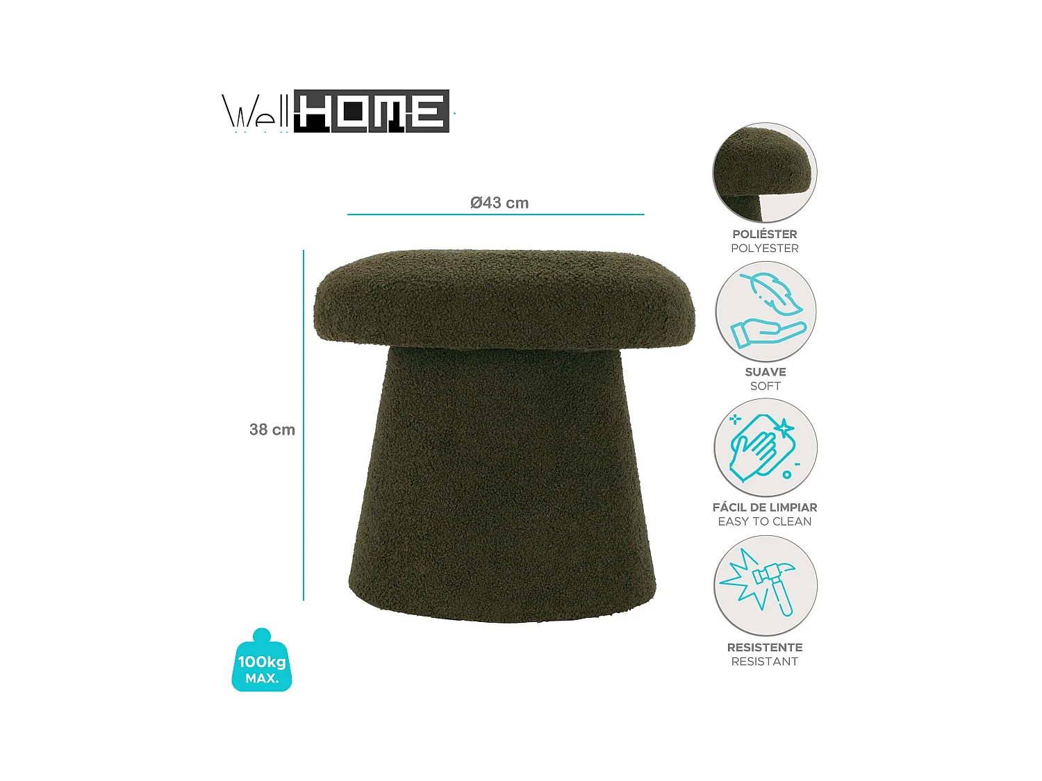 Tabouret champignon 'Teddy' vert Well Home Ø43x38cm