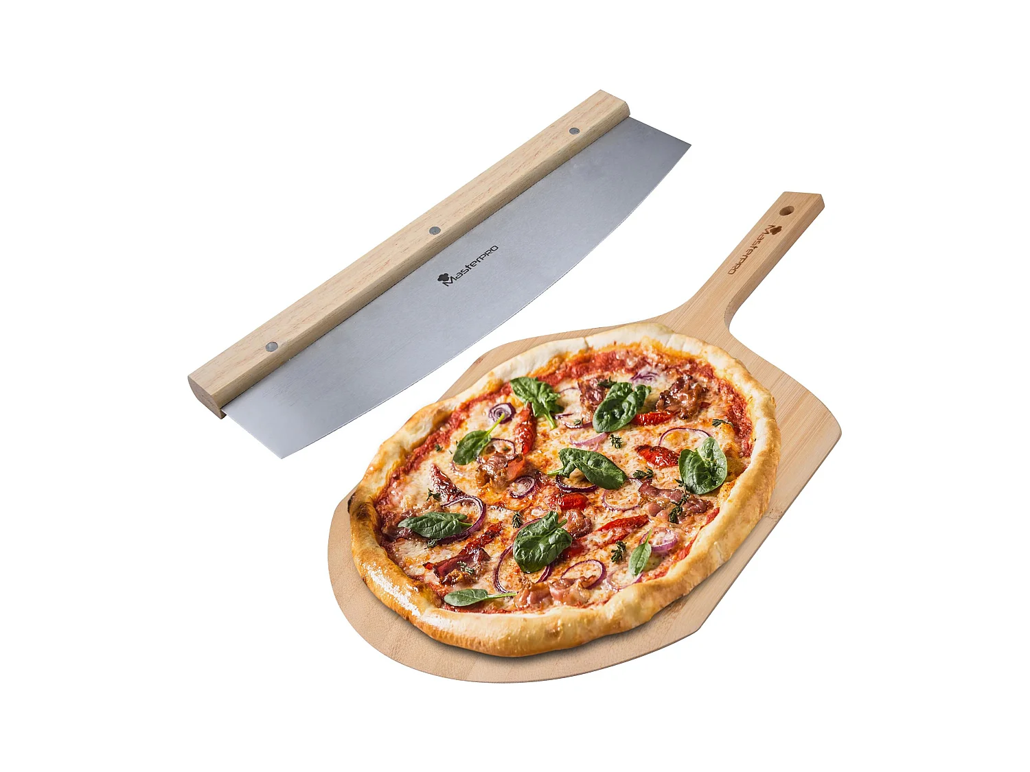 Set composé d'un coupe-pizza + planche à découper en bois MasterPRO