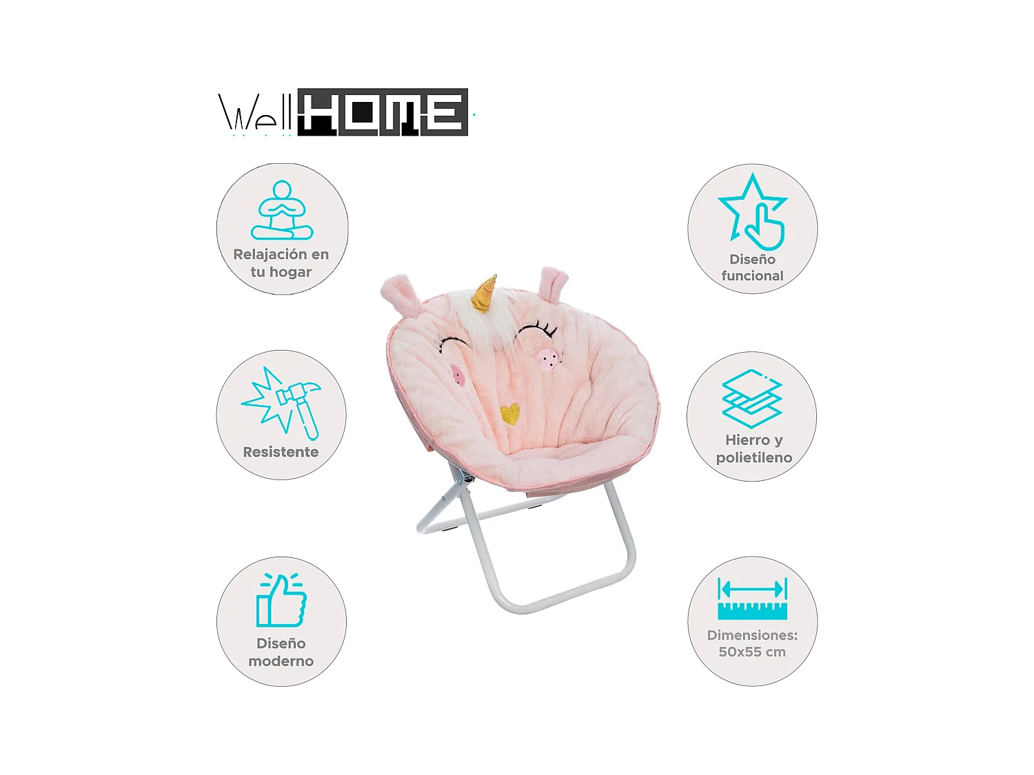 WELL HOME - Fauteuil pliant Licorne, tissu rose