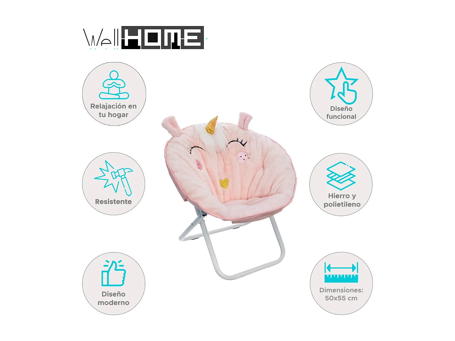 WELL HOME - Fauteuil pliant Licorne, tissu rose