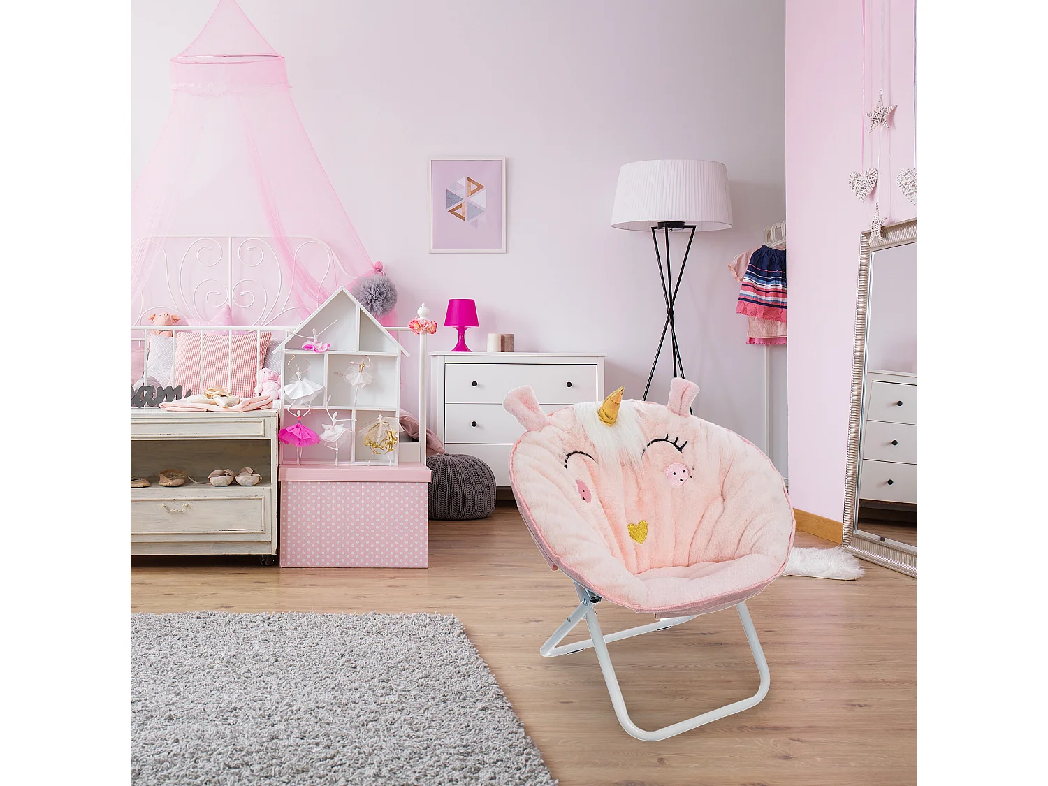 WELL HOME - Fauteuil pliant Licorne, tissu rose