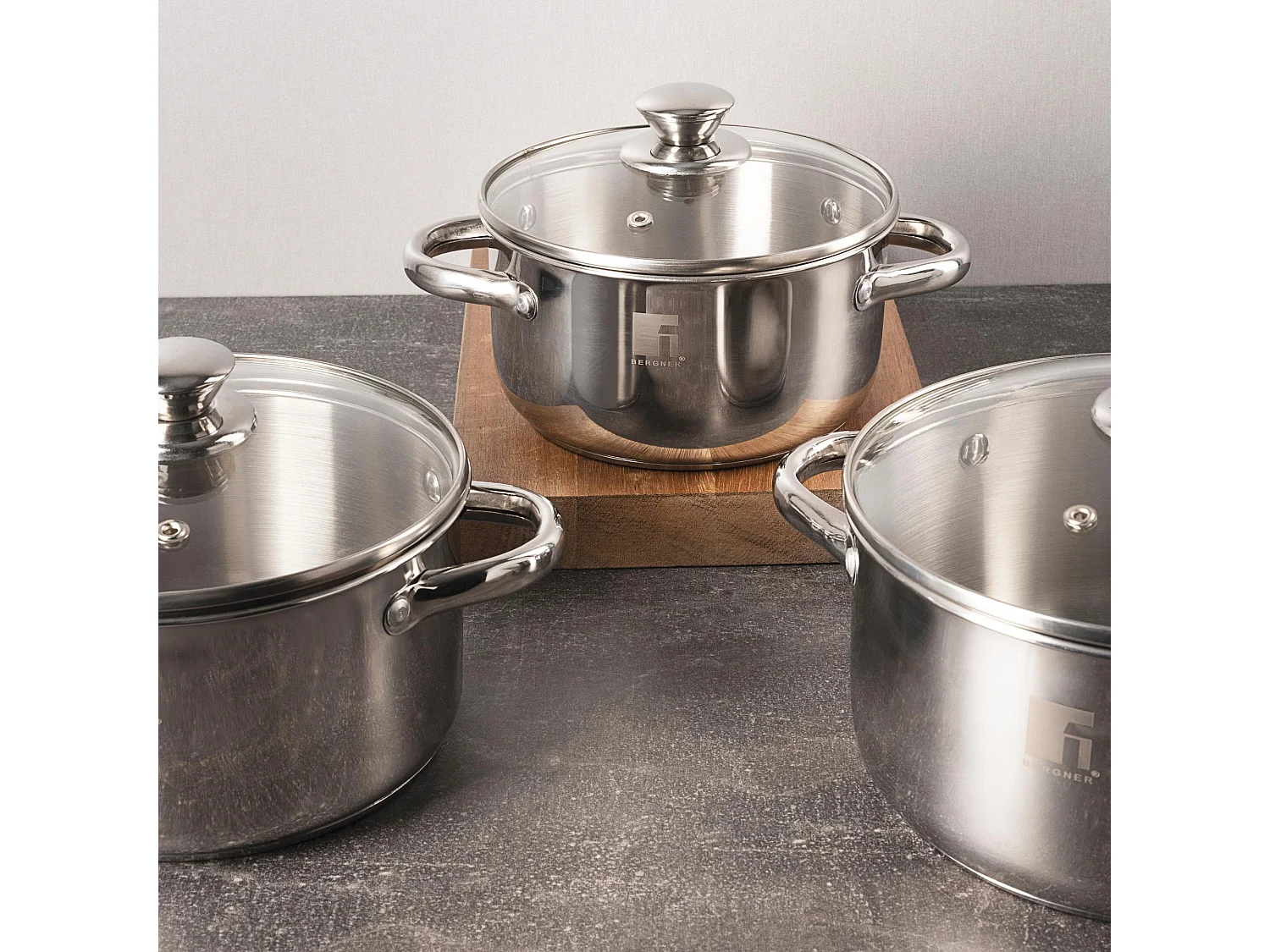 Set de 3 casseroles (Ø16Ø18Ø20cm) ALEA avec couvercles Bergner en inox