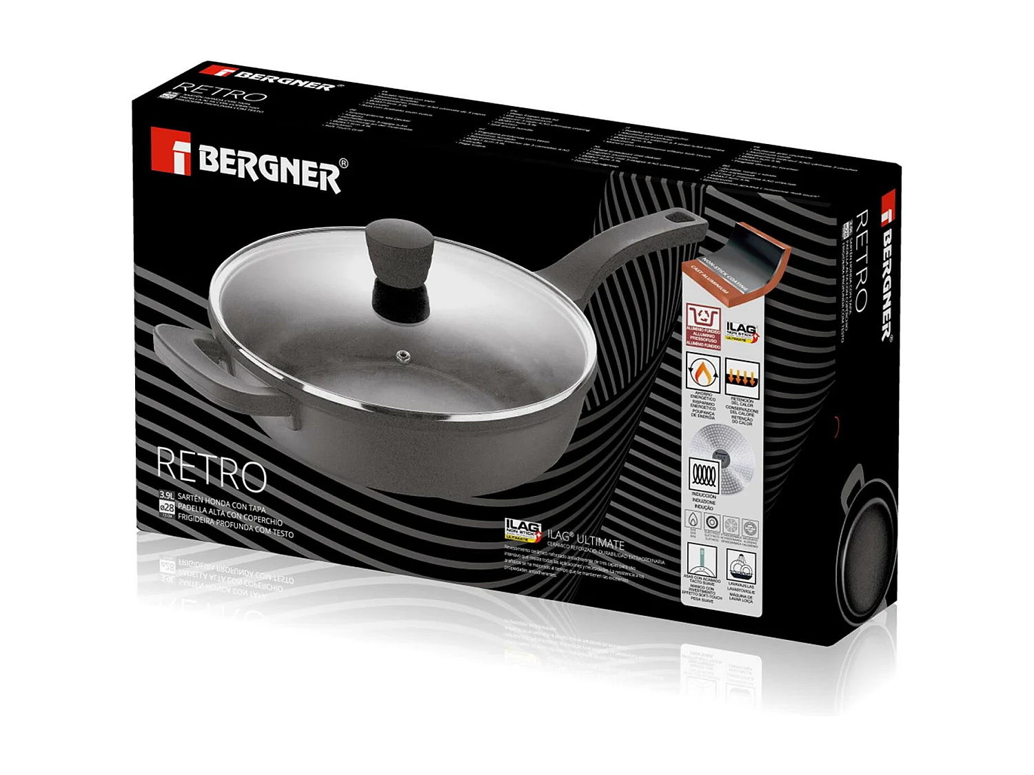 Poêle Honda Ø28x6cm en fonte d'aluminium RETRO avec couvercle Bergner