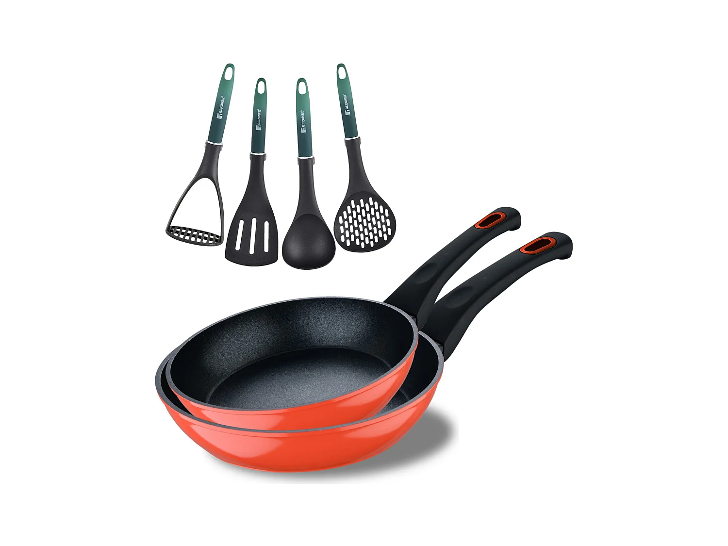 Lot de 2 poêles CLASSIQUE Ø20Ø26cm antiadhésives en aluminium forgé + ustensiles de cuisine Bergner vert