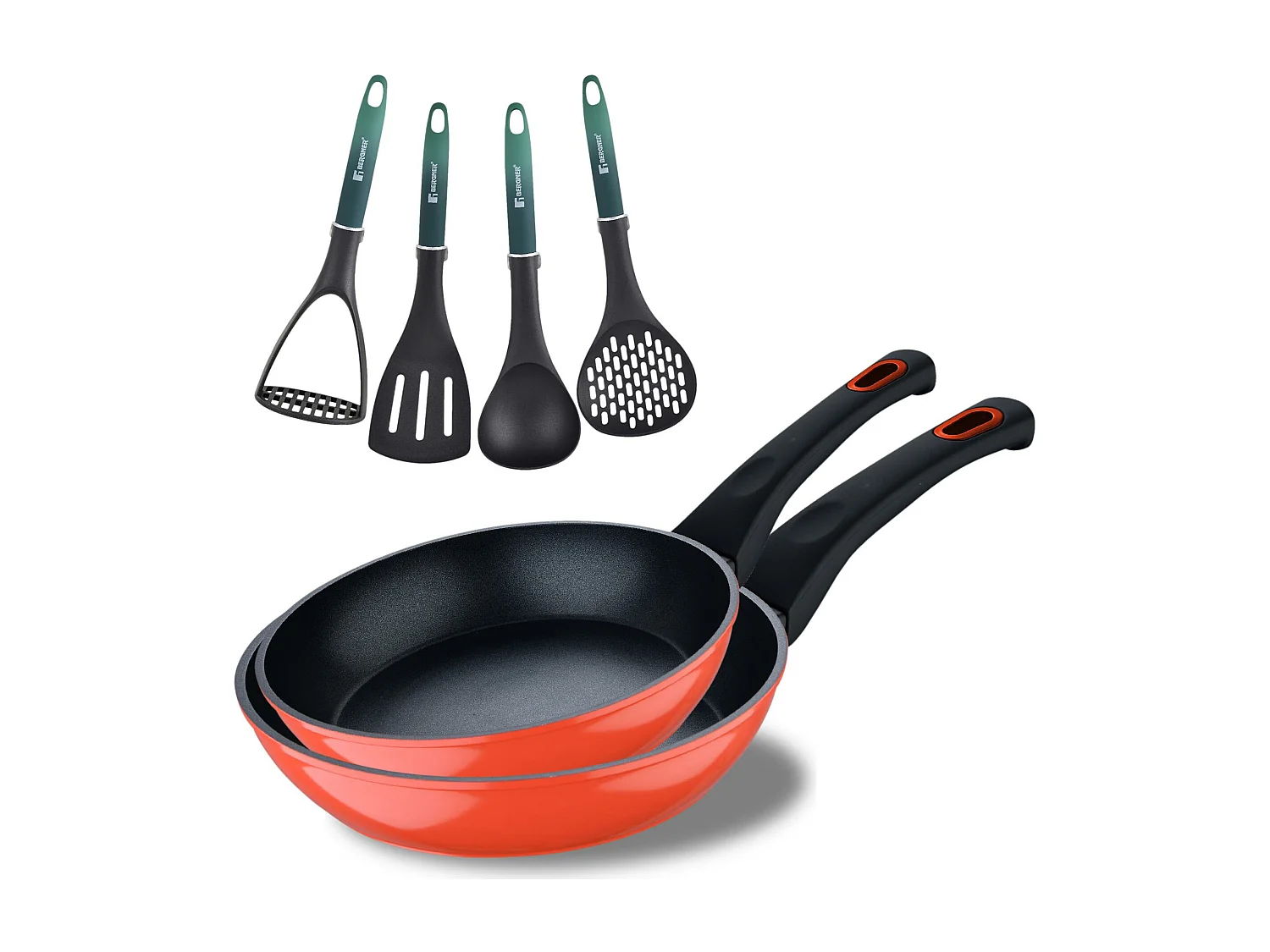 Lot de 2 poêles CLASSIQUE Ø20Ø26cm antiadhésives en aluminium forgé + ustensiles de cuisine Bergner vert