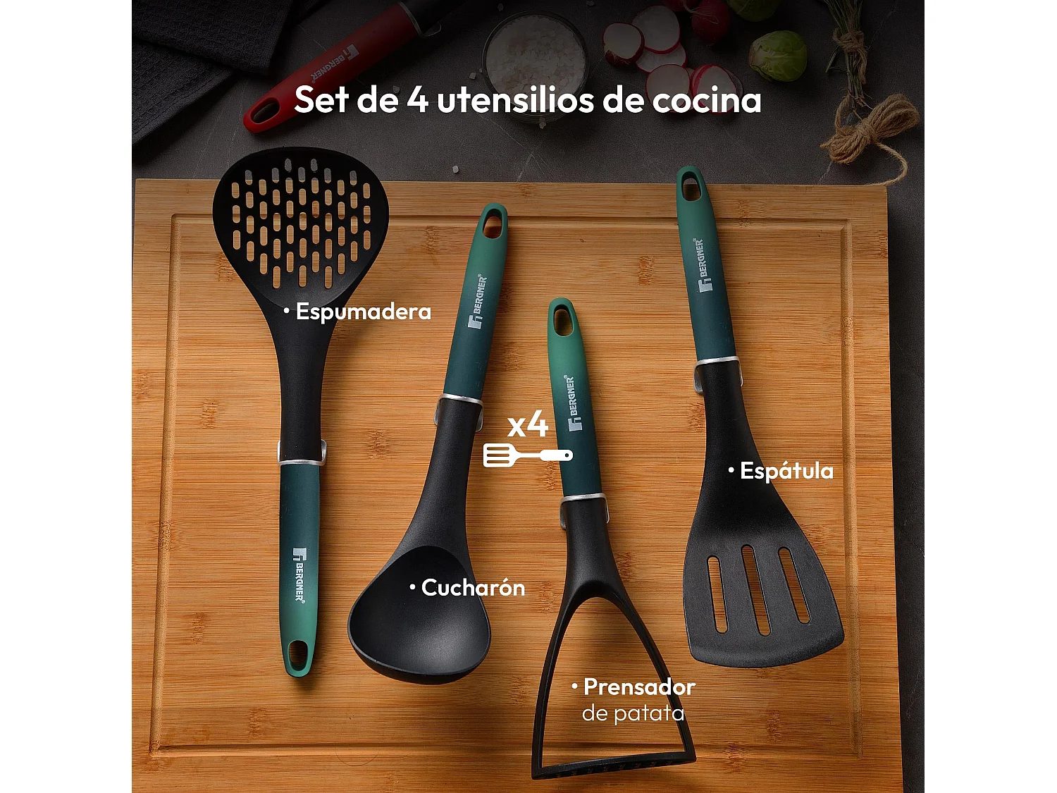 Lot de 2 poêles CLASSIQUE Ø20Ø26cm antiadhésives en aluminium forgé + ustensiles de cuisine Bergner vert