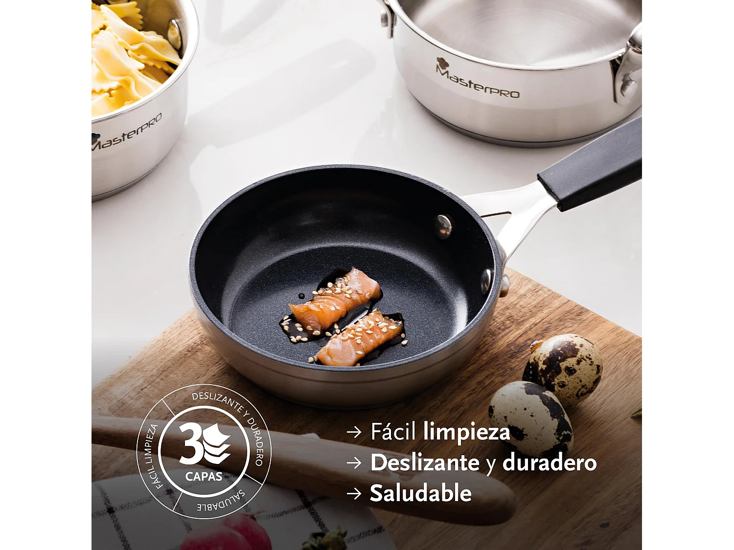 Lot de 3 poêles Ø12Ø16Ø20cm et 3 protections antiadhésives MasterPRO en aluminium forgé