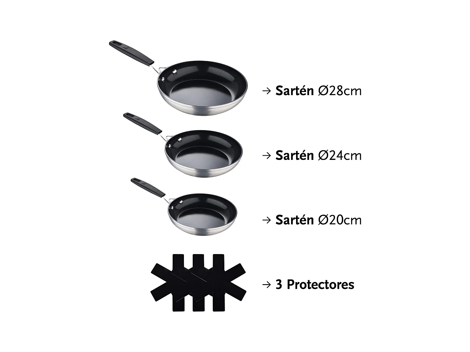 Lot de 3 poêles Ø20Ø24Ø28cm et 3 protections antiadhésives MasterPRO en aluminium forgé