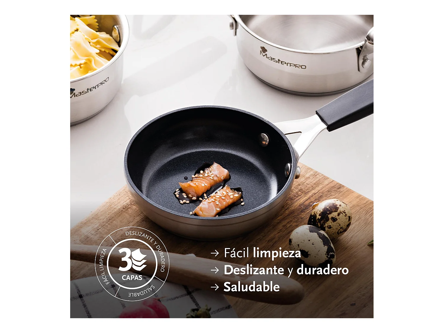 Lot de 3 poêles Ø20Ø24Ø28cm et 3 protections antiadhésives MasterPRO en aluminium forgé