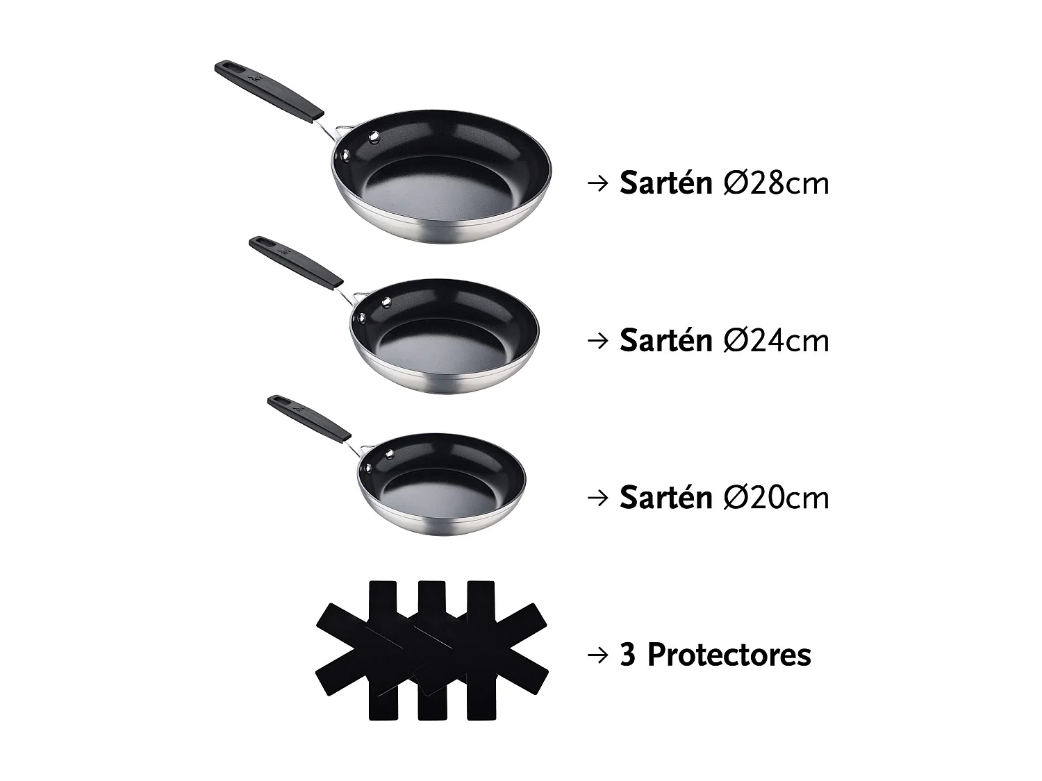 Lot de 3 poêles Ø20Ø24Ø28cm et 3 protections antiadhésives MasterPRO en aluminium forgé