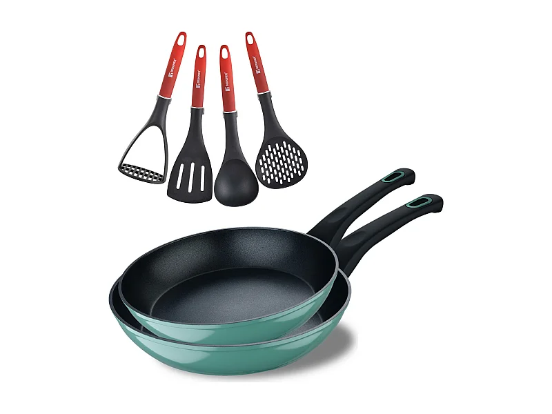 Lot de 2 poêles CLASSIQUE Ø20Ø26cm antiadhésives en aluminium forgé + ustensiles de cuisine Bergner rouge