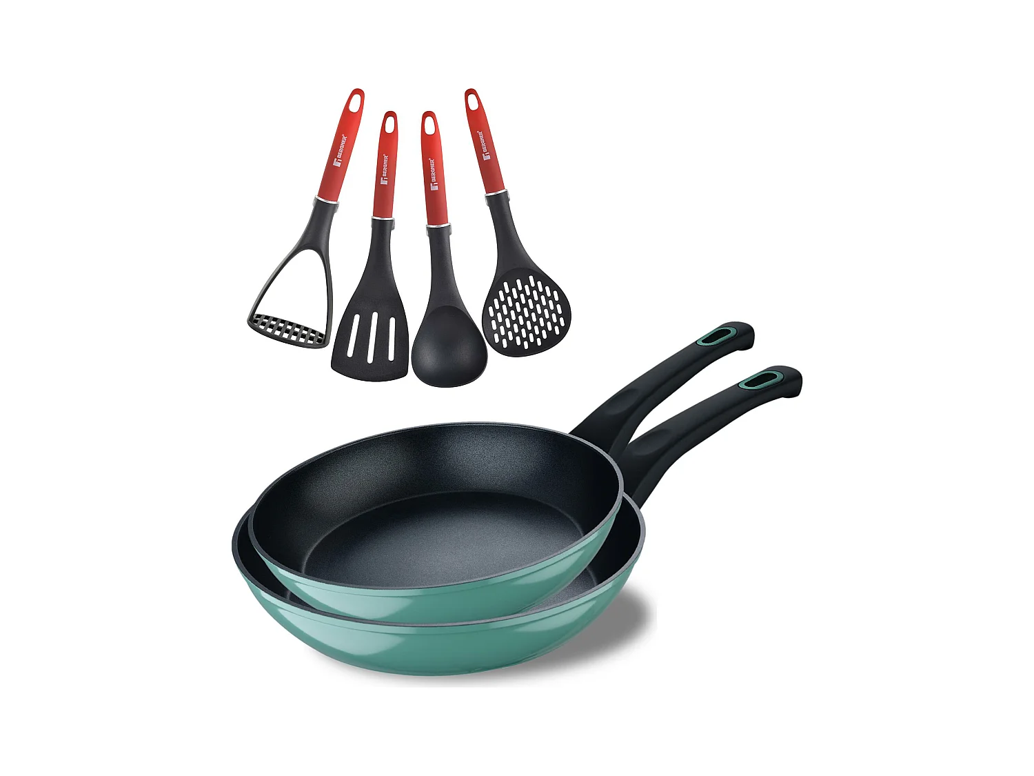 Lot de 2 poêles CLASSIQUE Ø20Ø26cm antiadhésives en aluminium forgé + ustensiles de cuisine Bergner rouge