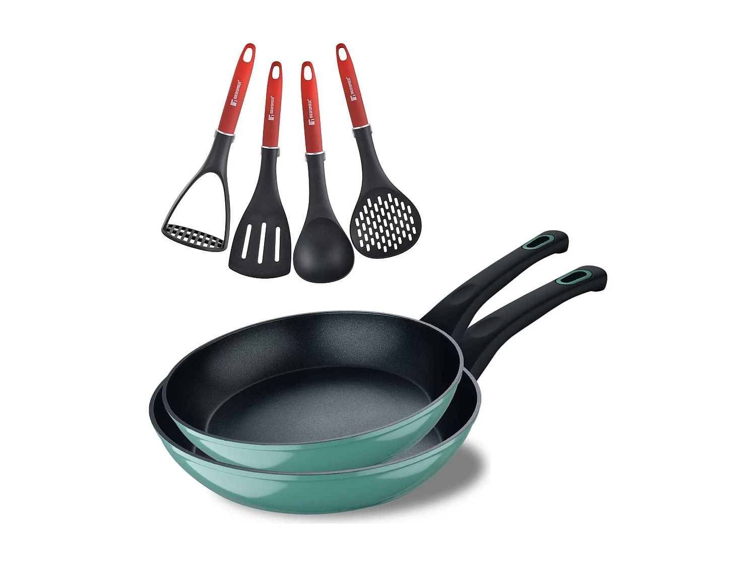 Lot de 2 poêles CLASSIQUE Ø20Ø26cm antiadhésives en aluminium forgé + ustensiles de cuisine Bergner rouge