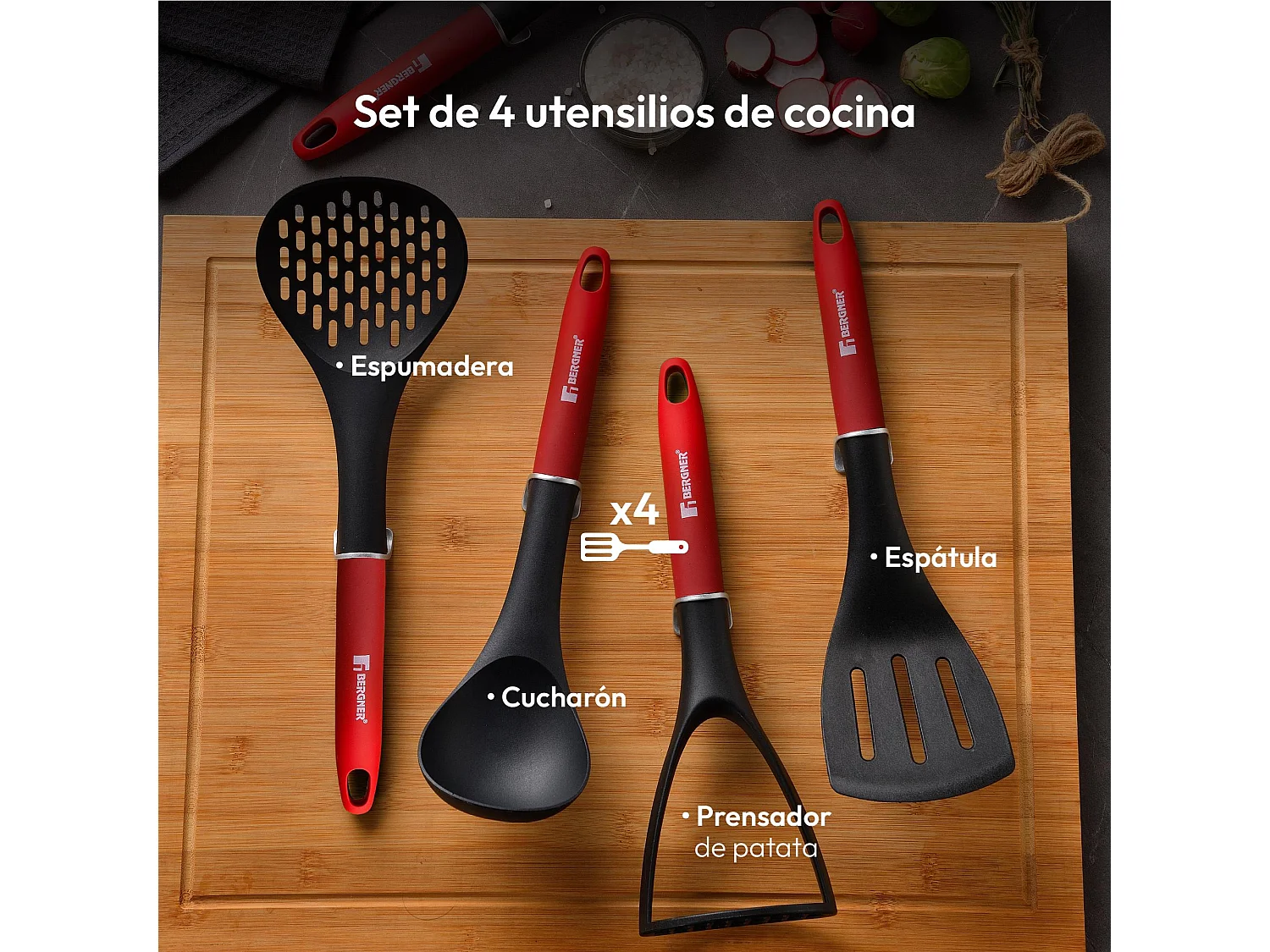 Lot de 2 poêles CLASSIQUE Ø20Ø26cm antiadhésives en aluminium forgé + ustensiles de cuisine Bergner rouge