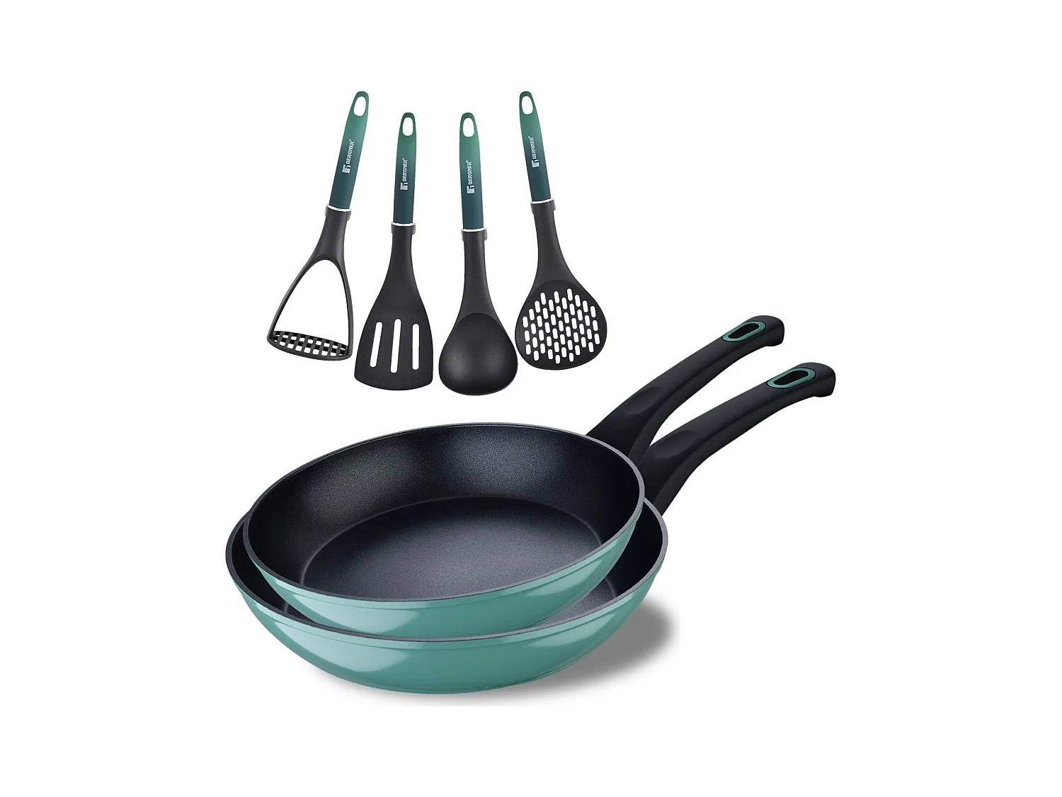 Lot de 2 poêles CLASSIQUE Ø20Ø24cm antiadhésives en aluminium forgé + ustensiles de cuisine Bergner vert