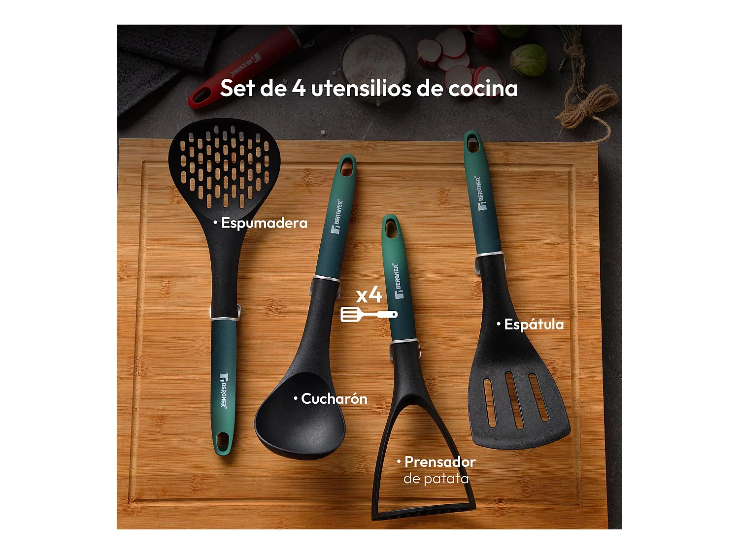Lot de 2 poêles CLASSIQUE Ø20Ø24cm antiadhésives en aluminium forgé + ustensiles de cuisine Bergner vert