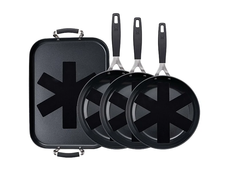 Set de 3 Poêles Ø20Ø24Ø28cm et Plaque Grill 32x23cm + 4 Protections MasterPRO Antiadhésives en Aluminium Forgé
