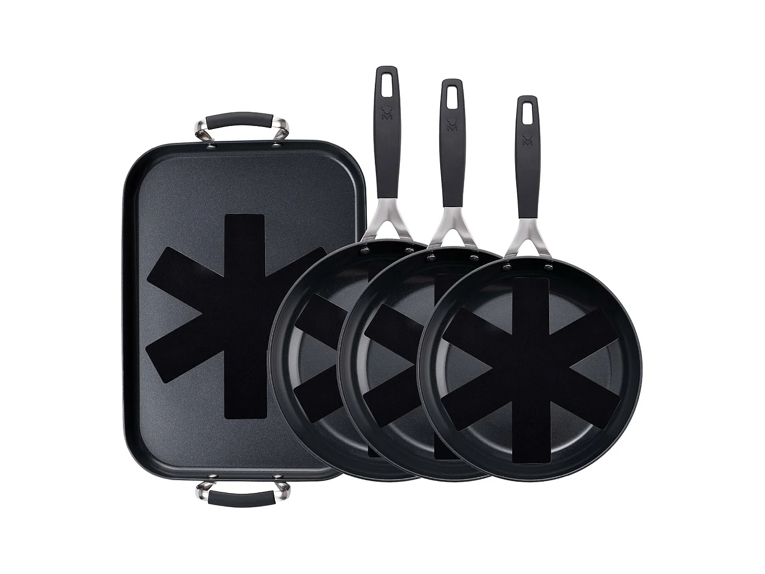 Set de 3 Poêles Ø20Ø24Ø28cm et Plaque Grill 32x23cm + 4 Protections MasterPRO Antiadhésives en Aluminium Forgé
