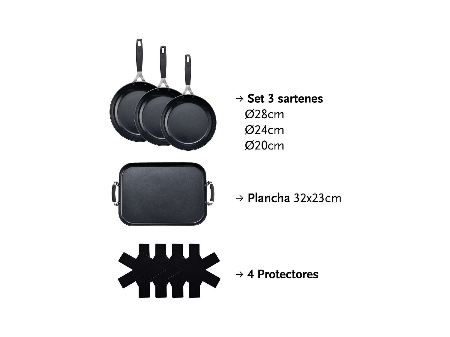 Set de 3 Poêles Ø20Ø24Ø28cm et Plaque Grill 32x23cm + 4 Protections MasterPRO Antiadhésives en Aluminium Forgé