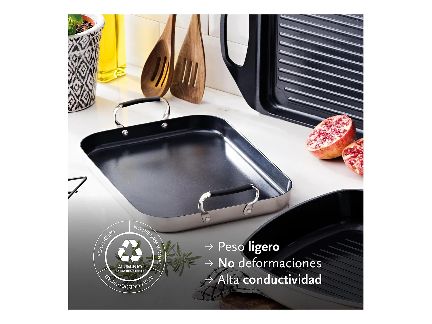 Set de 3 Poêles Ø20Ø24Ø28cm et Plaque Grill 32x23cm + 4 Protections MasterPRO Antiadhésives en Aluminium Forgé