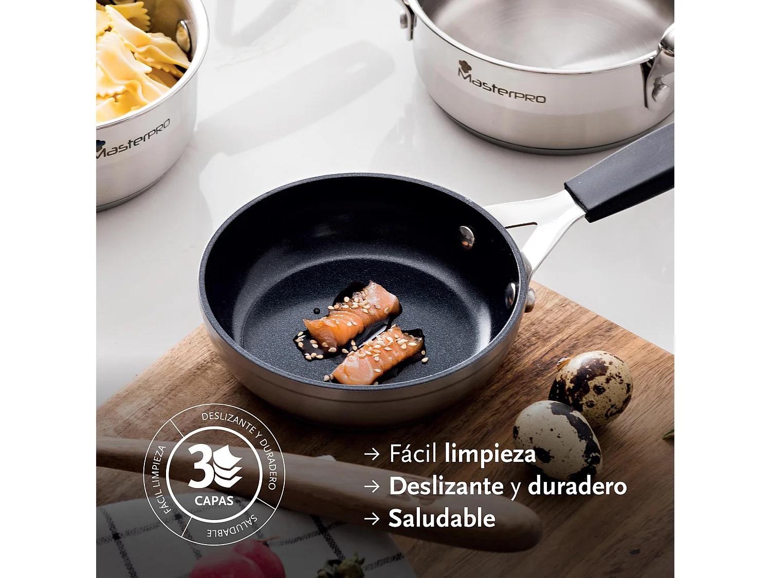 Set de 3 Poêles Ø20Ø24Ø28cm et Plaque Grill 32x23cm + 4 Protections MasterPRO Antiadhésives en Aluminium Forgé