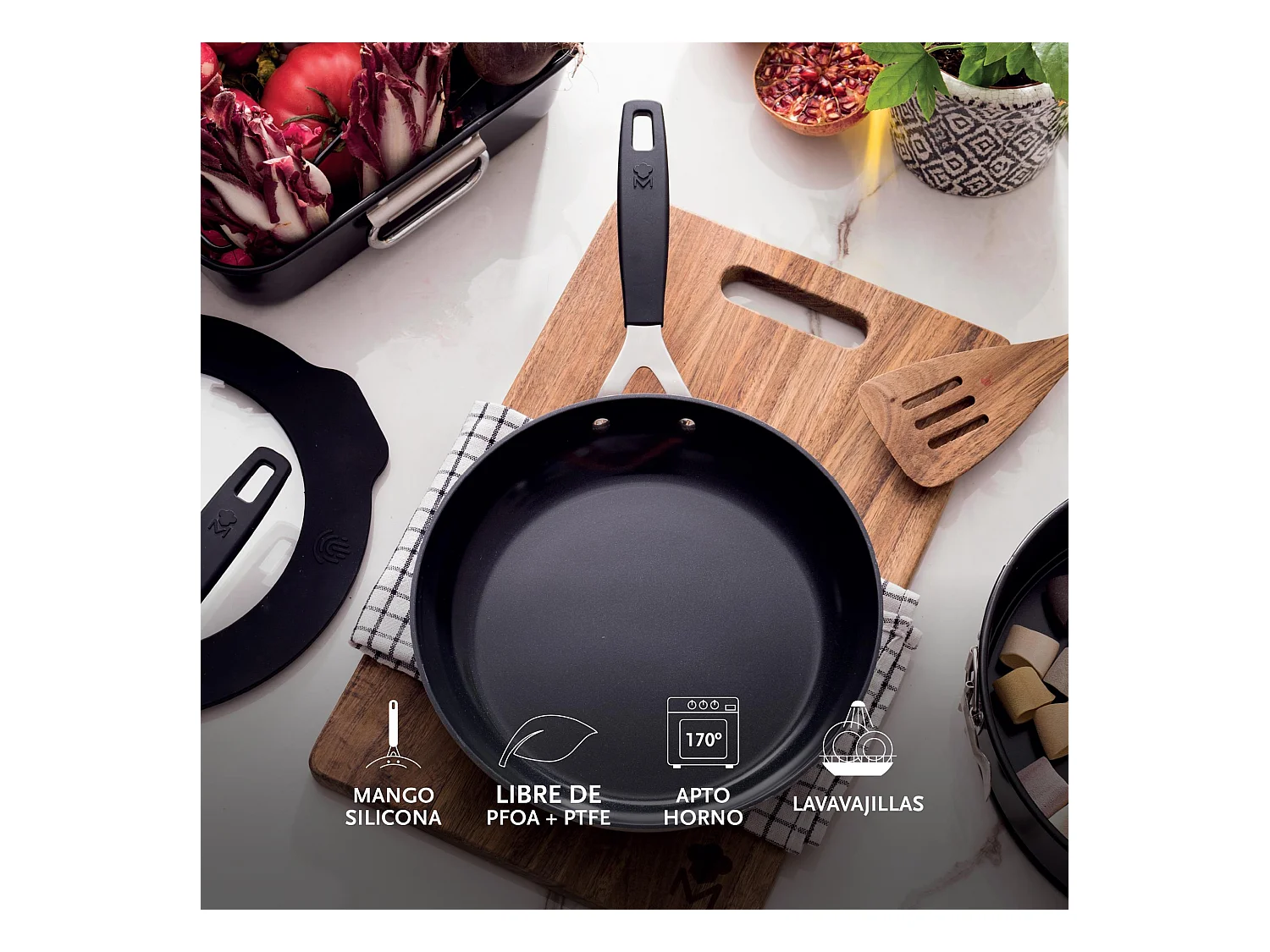 Set de 3 Poêles Ø20Ø24Ø28cm et Plaque Grill 32x23cm + 4 Protections MasterPRO Antiadhésives en Aluminium Forgé