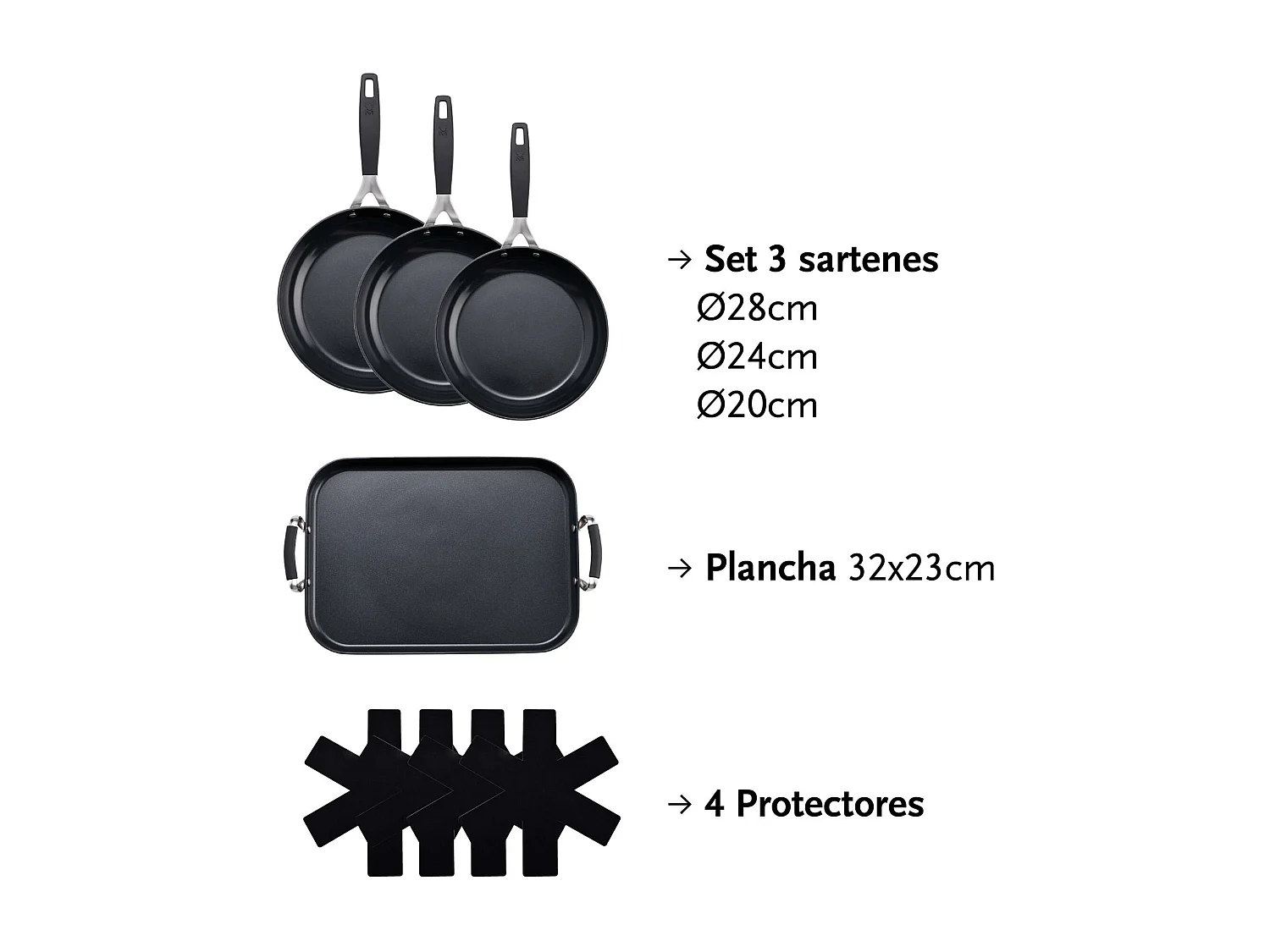 Set de 3 Poêles Ø20Ø24Ø28cm et Plaque Grill 32x23cm + 4 Protections MasterPRO Antiadhésives en Aluminium Forgé