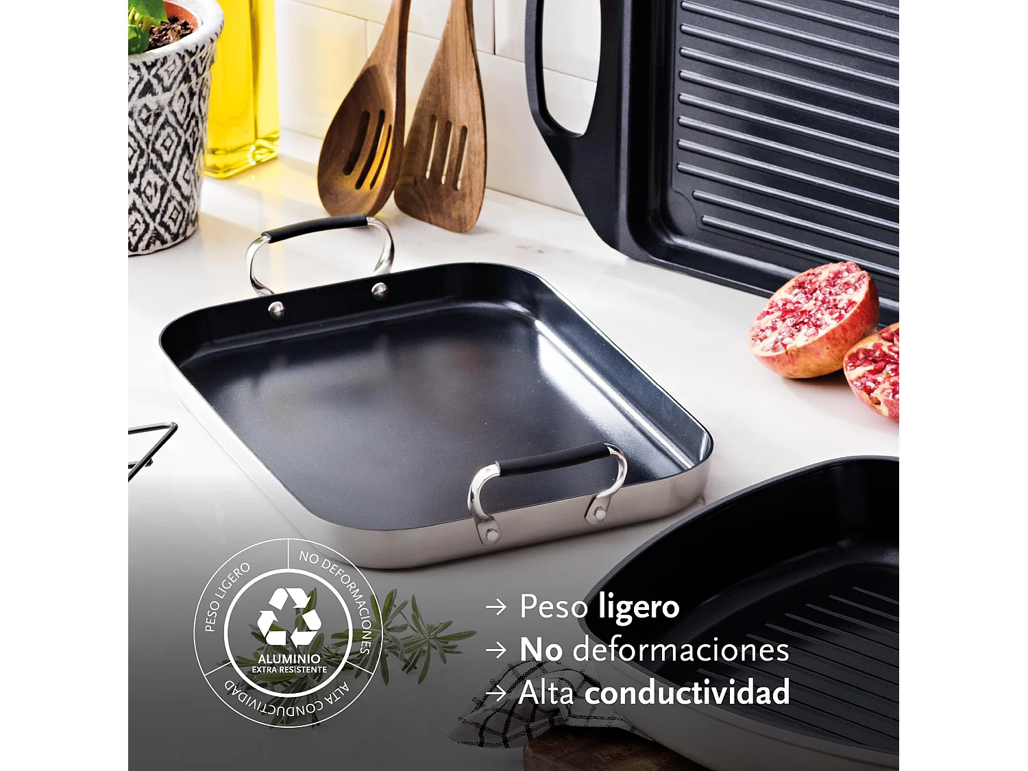Set de 3 Poêles Ø20Ø24Ø28cm et Plaque Grill 32x23cm + 4 Protections MasterPRO Antiadhésives en Aluminium Forgé