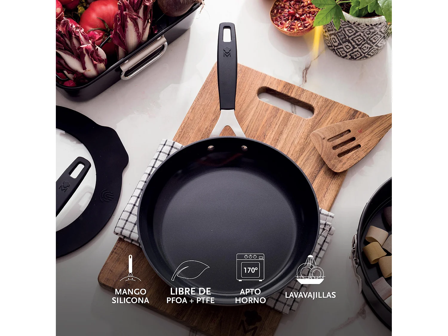 Set de 3 Poêles Ø20Ø24Ø28cm et Plaque Grill 32x23cm + 4 Protections MasterPRO Antiadhésives en Aluminium Forgé