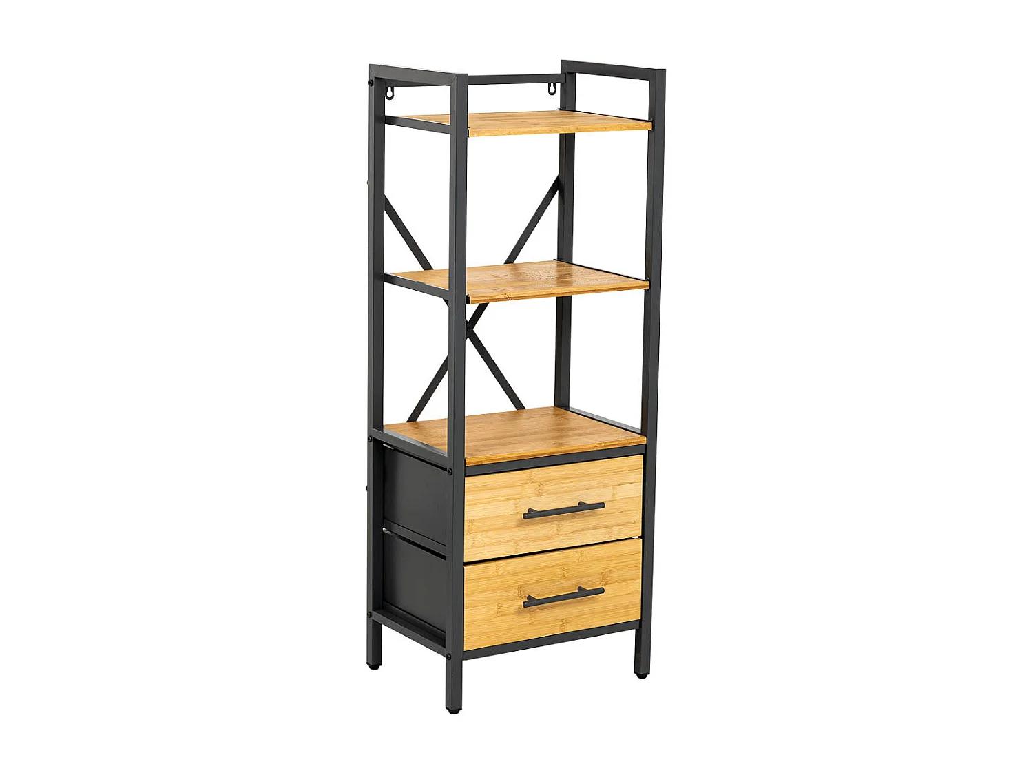 Prateleiras em metal e madeira com 2 gavetas. castanho 38x28x100h cm