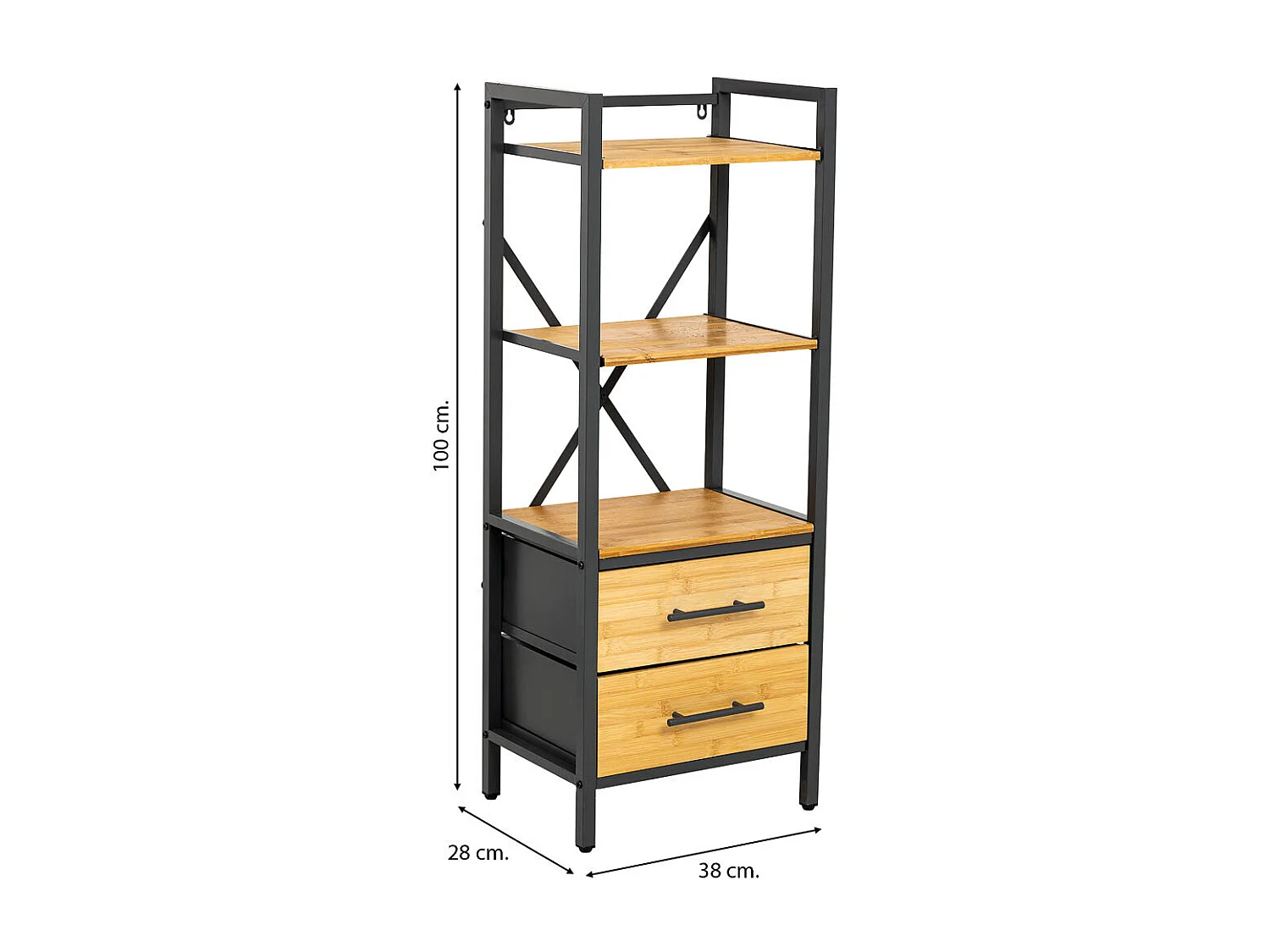 Prateleiras em metal e madeira com 2 gavetas. castanho 38x28x100h cm