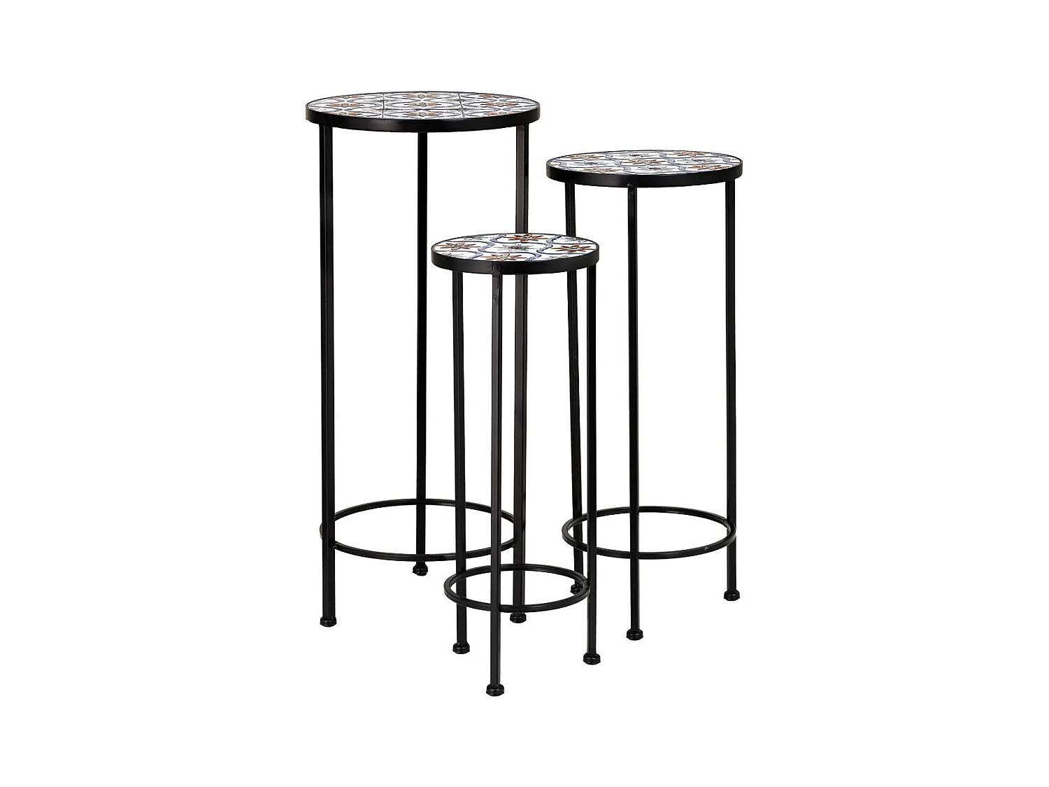 Conjunto de 3 peças de mosaico e suporte em ferro forjado preto D30x68h-D25x57h-D20x51h cm