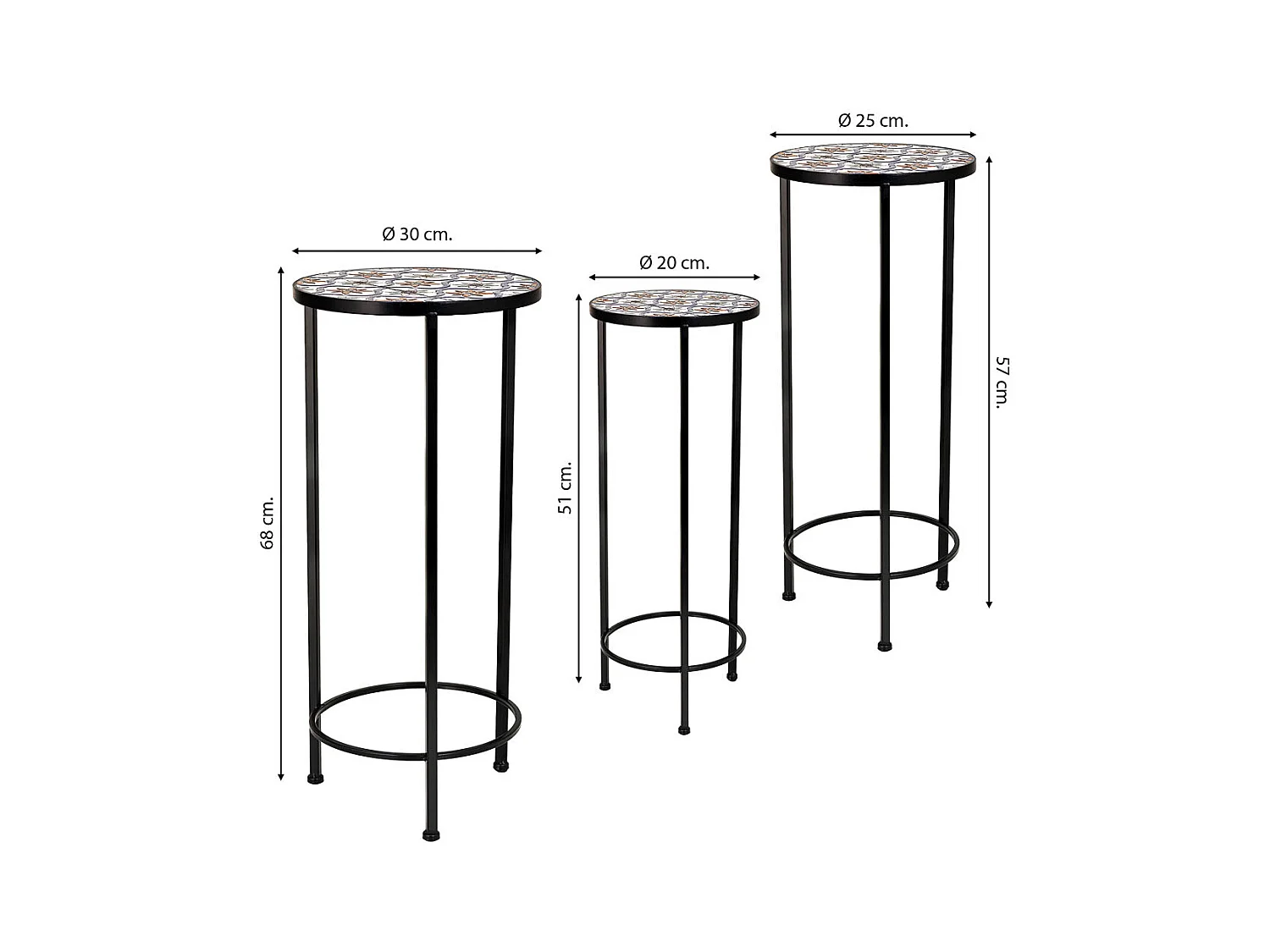 Conjunto de 3 peças de mosaico e suporte em ferro forjado preto D30x68h-D25x57h-D20x51h cm