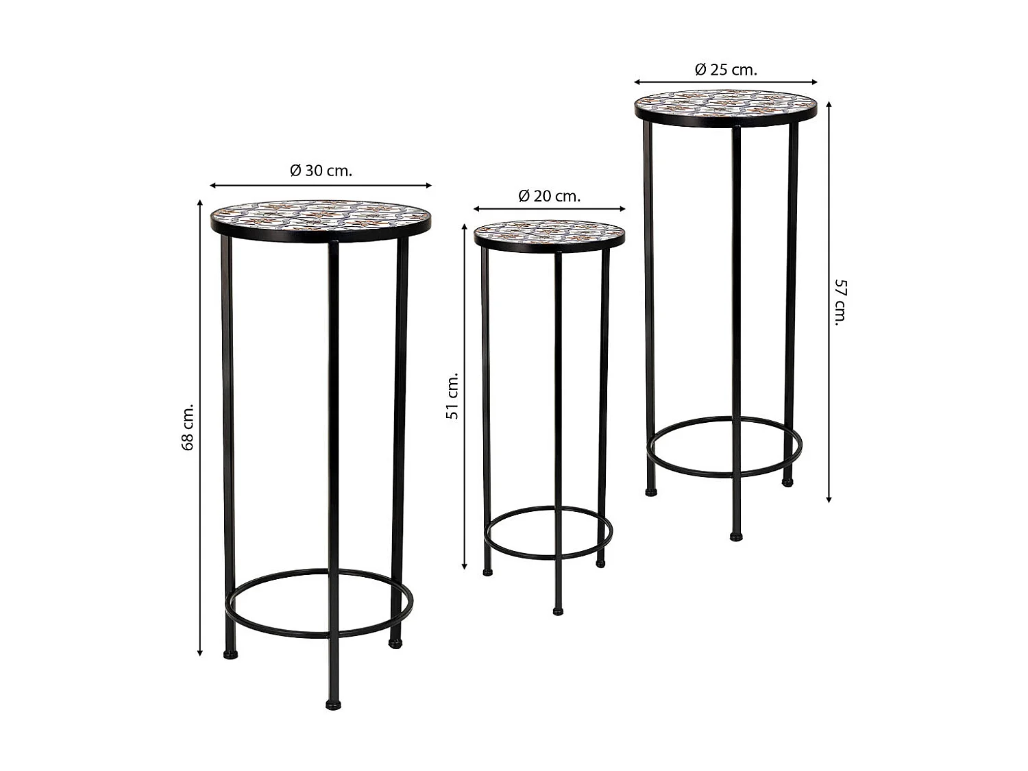 Conjunto de 3 peças de mosaico e suporte em ferro forjado preto D30x68h-D25x57h-D20x51h cm