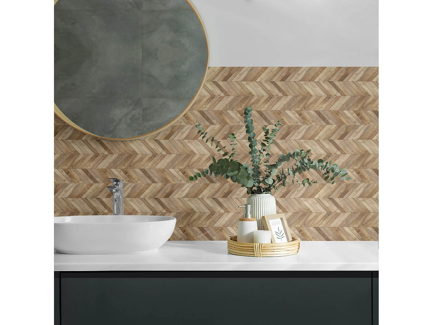 Panneaux muraux autocollants en vinyle imperméable - 10x40x20 cm - Motif à chevrons en bois