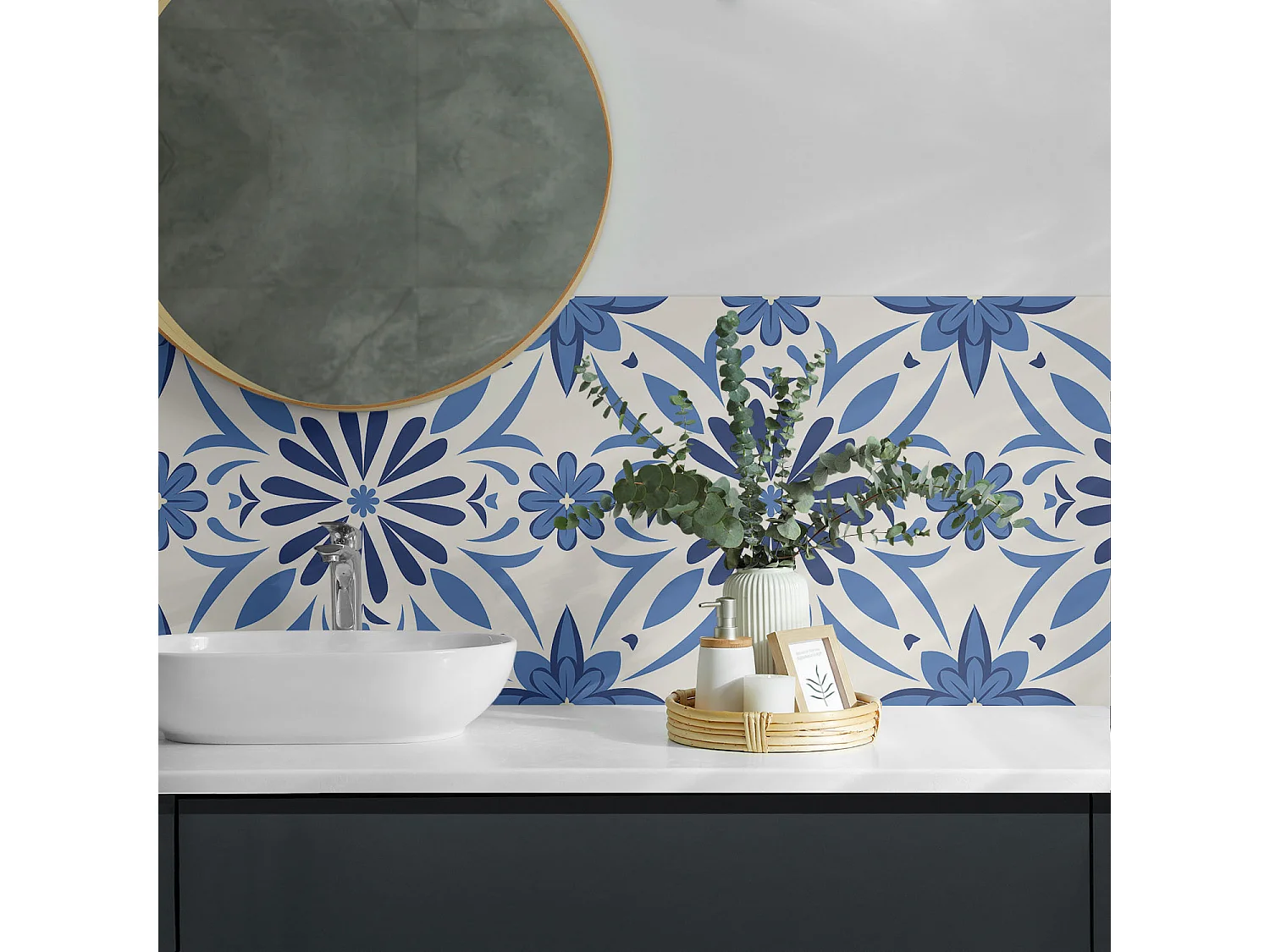 Panneaux muraux autocollants en vinyle imperméable - 4 x 50 x 50 cm - Motif floral sur le fond