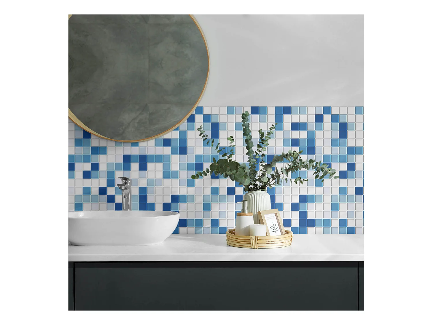 Panneaux muraux autocollants en vinyle imperméable - 100x50 cm - Mosaïque dans les tons de bleu