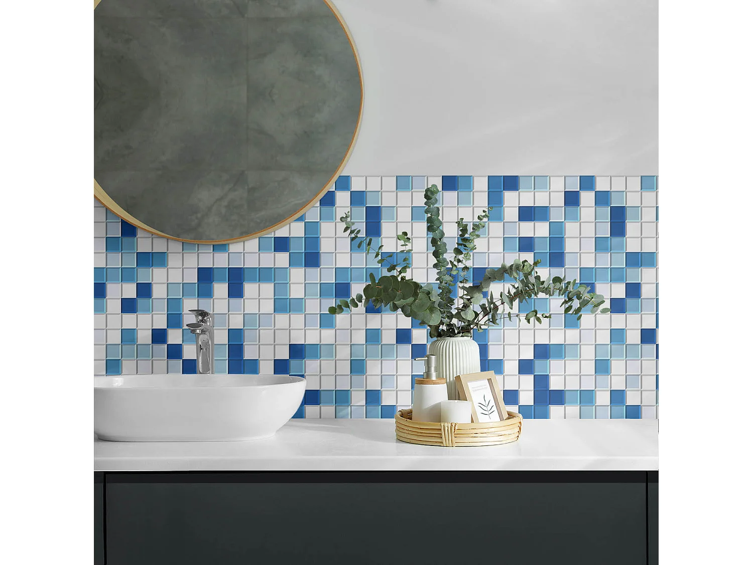 Wandpaneel selbstklebend, Wandverkleidung innen - 100x50 cm - Mosaik in Blautönen