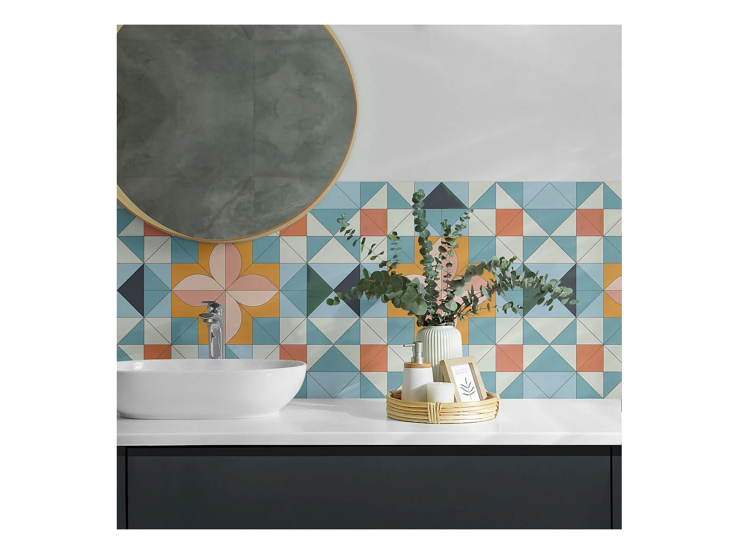 Wandpaneel selbstklebend, Wandverkleidung innen - 4 x 50 x 50 cm - Geometrisches Muster mit einer Blume